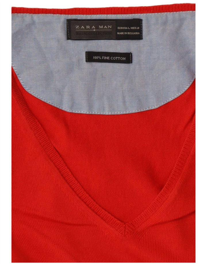 ZARA Hombre Jersey con cuello en V Jersey Large Rojo Algodón
