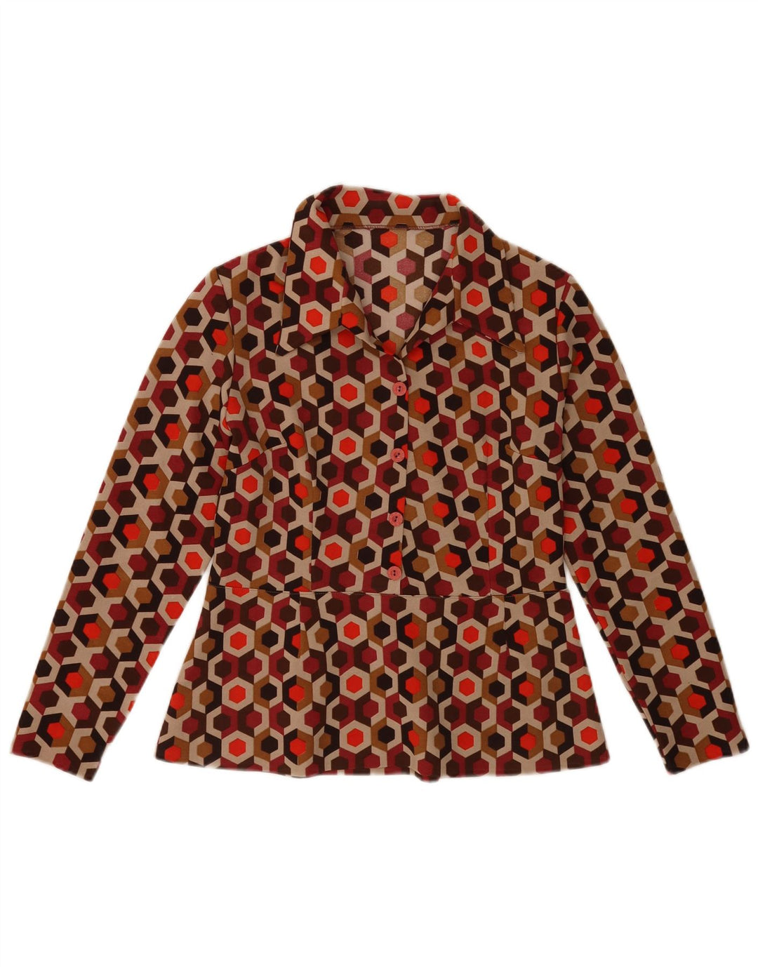 VINTAGE Mujer Blusa de manga larga Top UK 12 Medio Multicolor Geométrico