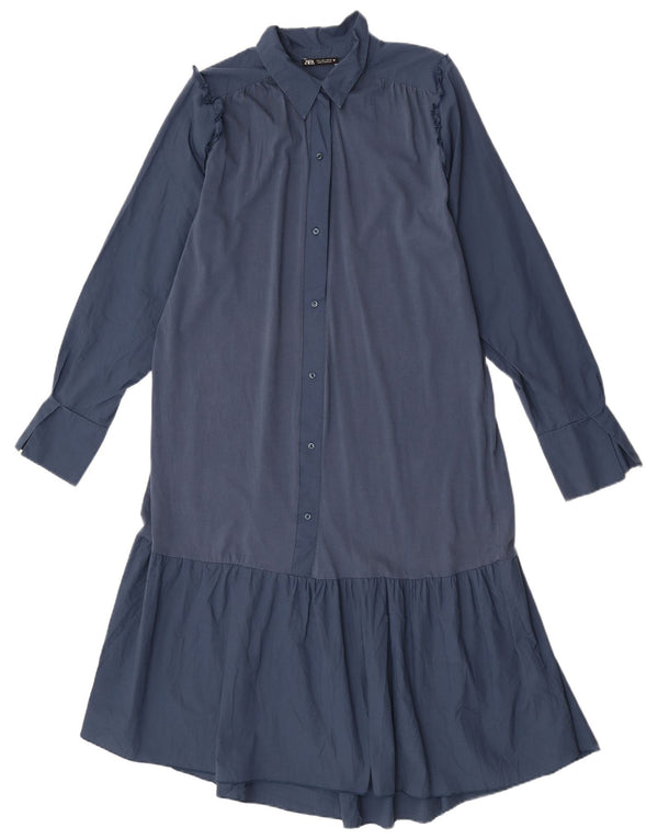 Zara Vestido Camisero De Manga Larga Para Mujer UK 46 Grande Algodón Azul Marino