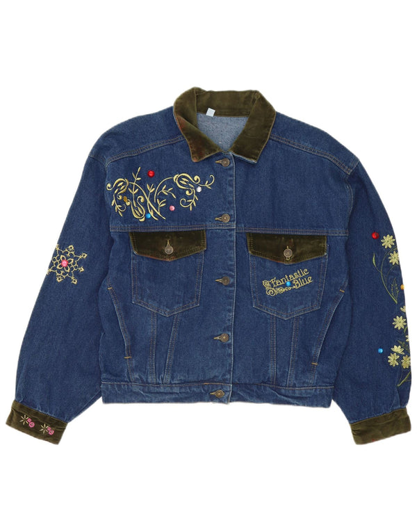 Vintage mujer suelta ajuste chaqueta de mezclilla Reino Unido 14 algodón floral azul medio