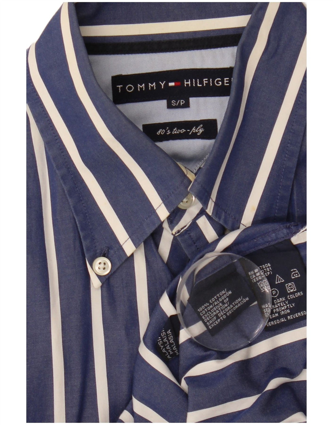 TOMMY HILFIGER Camisa para hombre Pequeña Azul Marino Rayas Algodón 80s