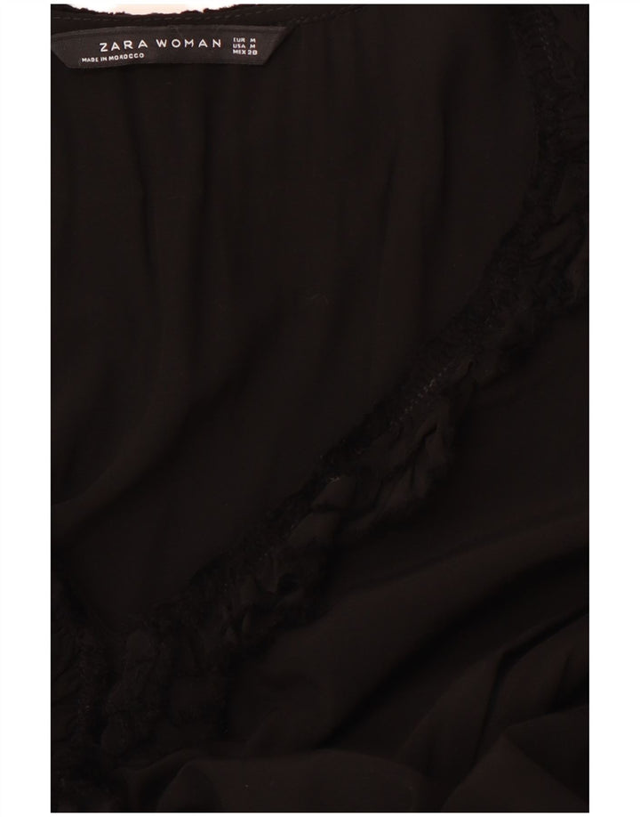 ZARA Mujer Vestido Acampanado De Manga Larga Con Volantes En La Parte Delantera UK 42 Mediano Negro