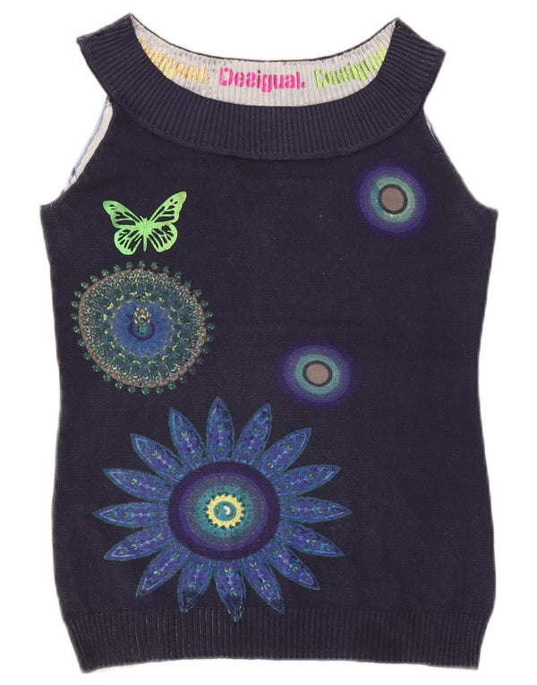 Desigual Mujer Chaleco Tank Top Reino Unido 10 Pequeño Azul Marino Floral Mariposa