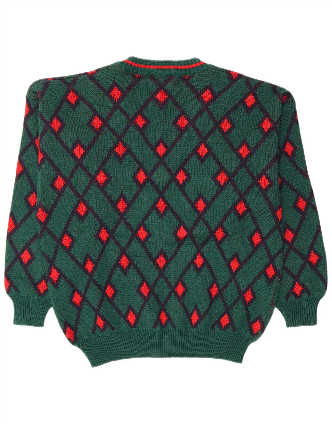 VINTAGE Hombres V-Cuello Jumper Suéter Medio Verde Argyle/Lana Diamante