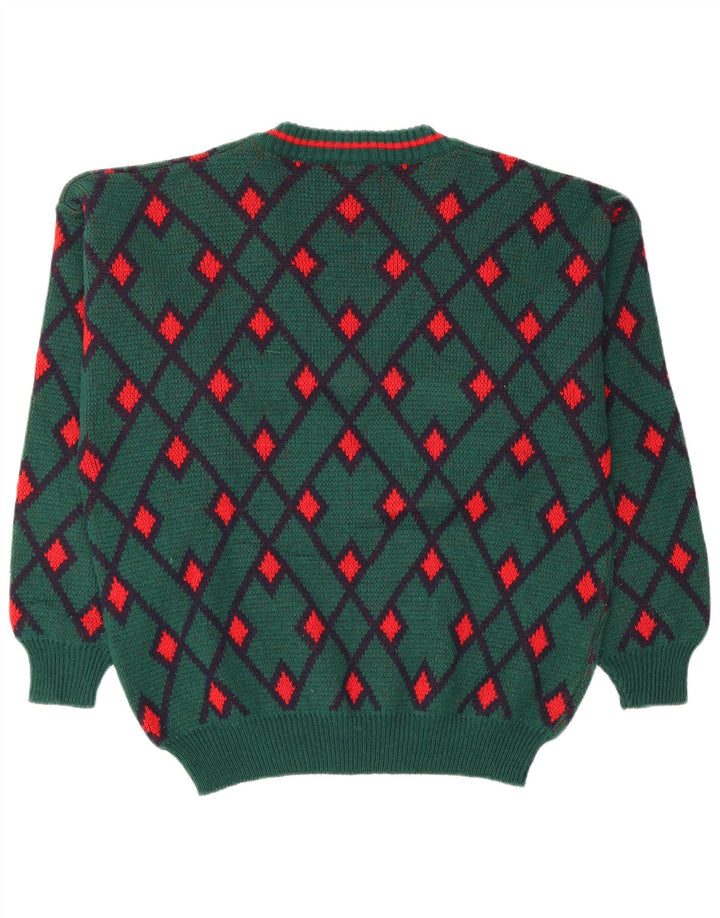 VINTAGE Hombres V-Cuello Jumper Suéter Medio Verde Argyle/Lana Diamante