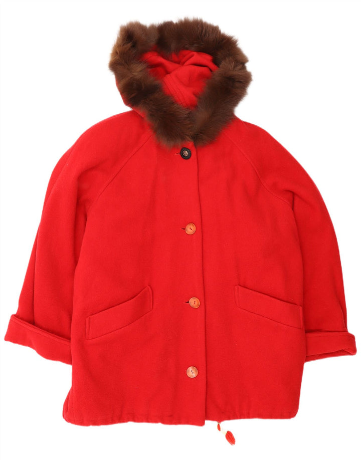 Vintage mujer con capucha abrigo de gran tamaño Reino Unido 14 lana roja mediana