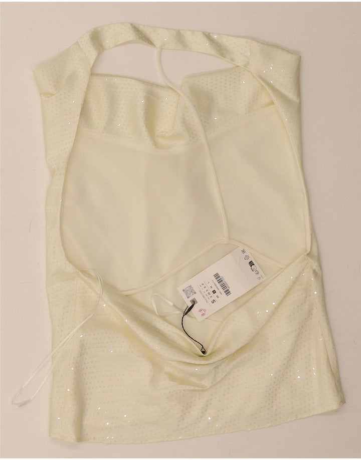 Zara Top corto con hombros descubiertos para mujer UK 10 Pequeño poliéster moteado en blanco roto