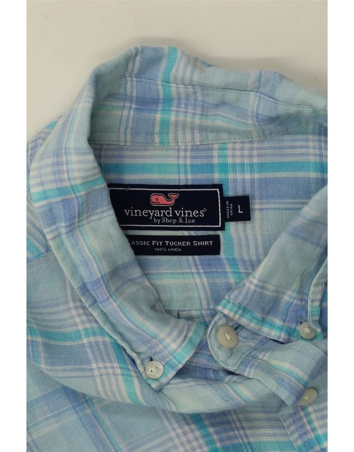 Vineyard Vines Camisa de corte clásico para hombre de lino a cuadros azules grandes