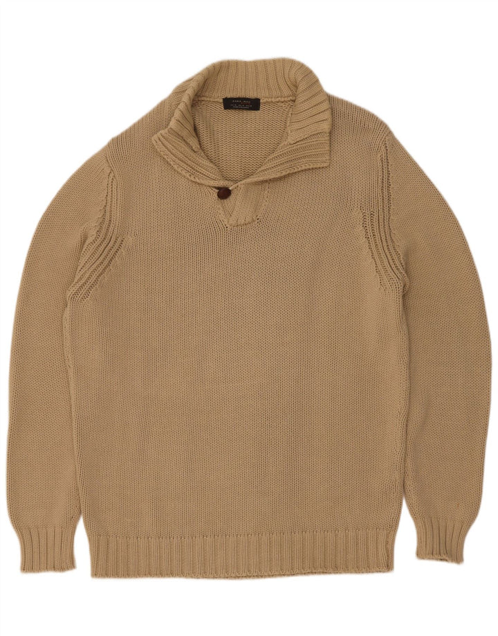Zara Hombre Jersey Con Cuello Botonado XL Algodón Beige