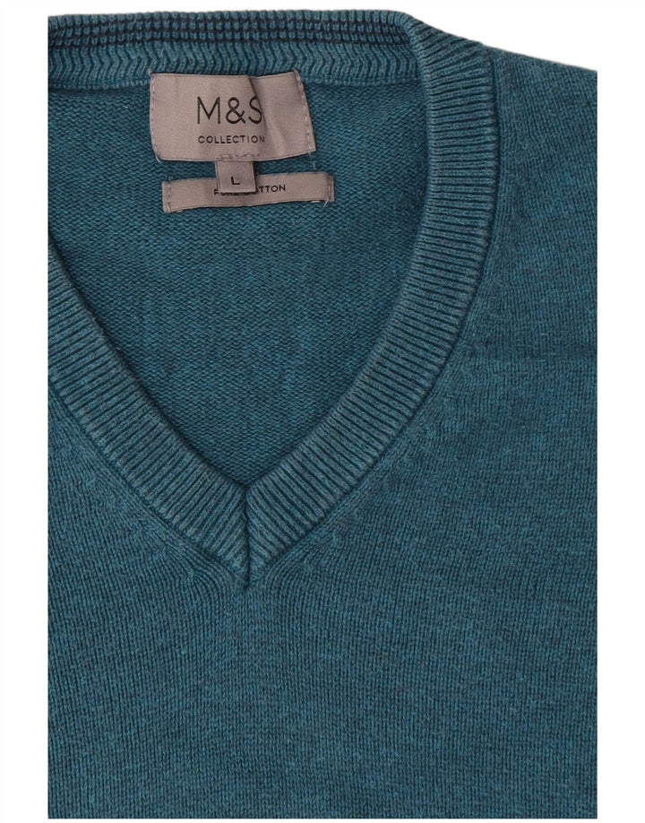 Marks & Spencer Jersey con cuello en V para hombre, talla grande, algodón azul