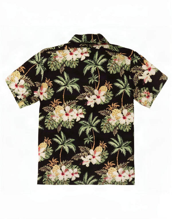 Vintage hombres camisa de manga corta medio negro floral viscosa hawaiana