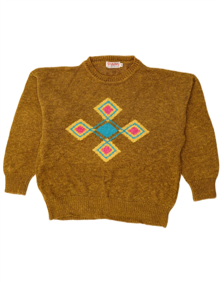 VINTAGE Jersey de cuello redondo para mujer Reino Unido 14 Medio Caqui Argyle/Diamante