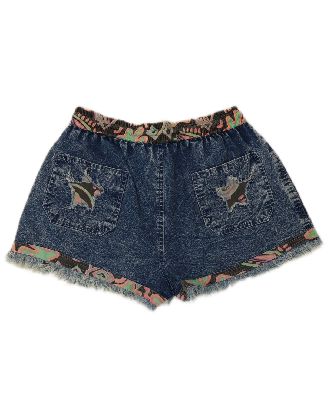 Vintage mujer denim pantalones cortos medio W28 azul patchwork
