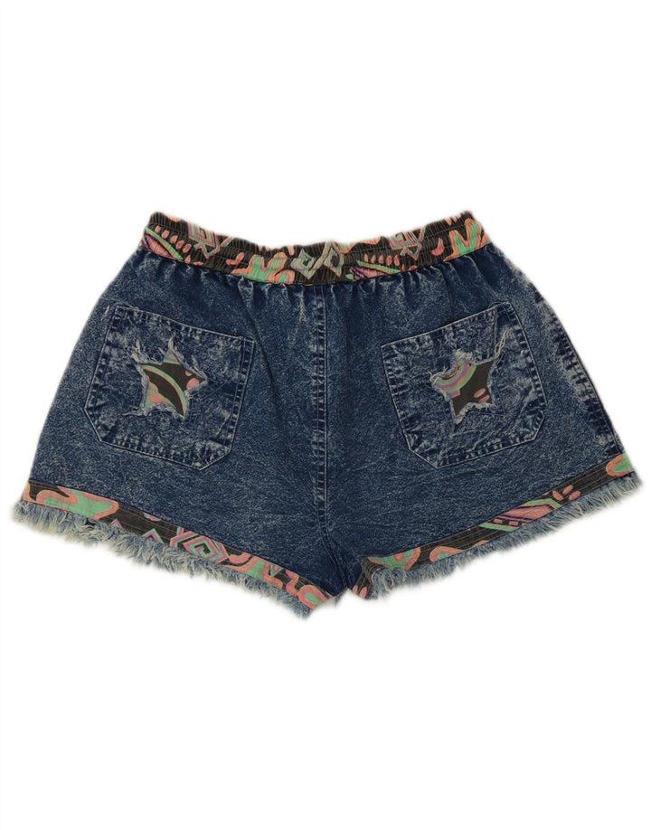 Vintage mujer denim pantalones cortos medio W28 azul patchwork