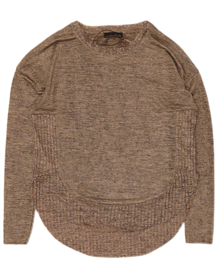Zara Mujer Top Manga Larga UK 40 Small Beige Poliéster Moteado