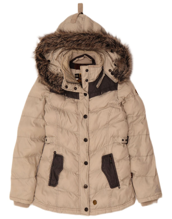 KHUJO Chaqueta acolchada extragrande con capucha para mujer UK 10 Small Beige Poliéster
