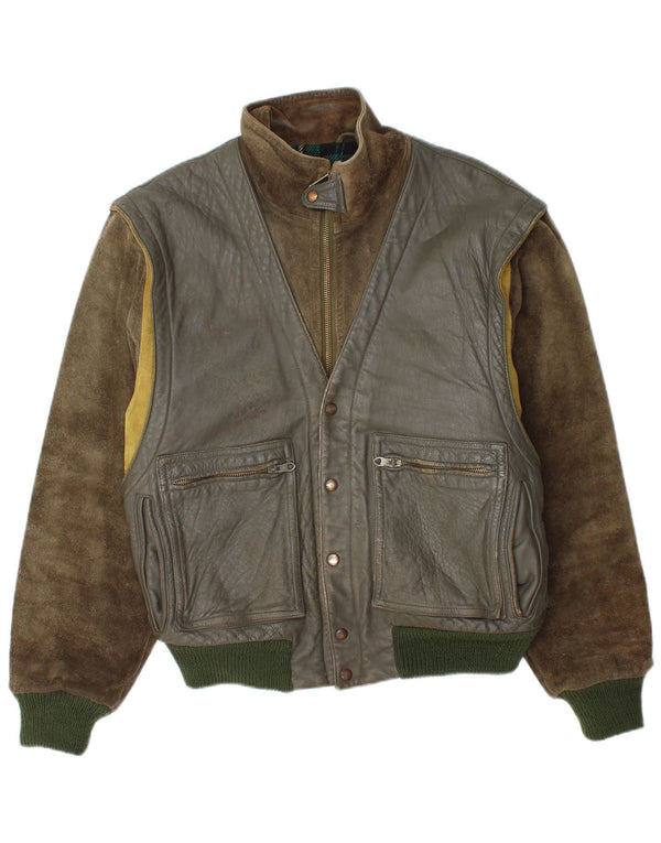 Belfe & Belfe Chaqueta Bomber De Cuero Para Hombre UK 38 Medium Khaki Colourblock
