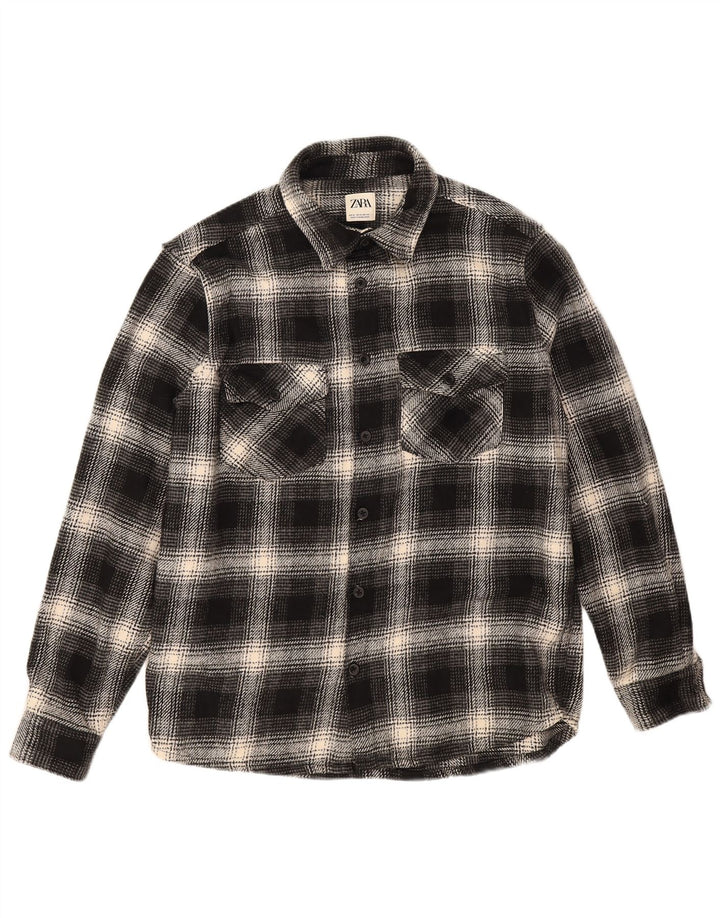 Zara Hombre Camisa Franela Mediana Cuadros Negro Poliéster