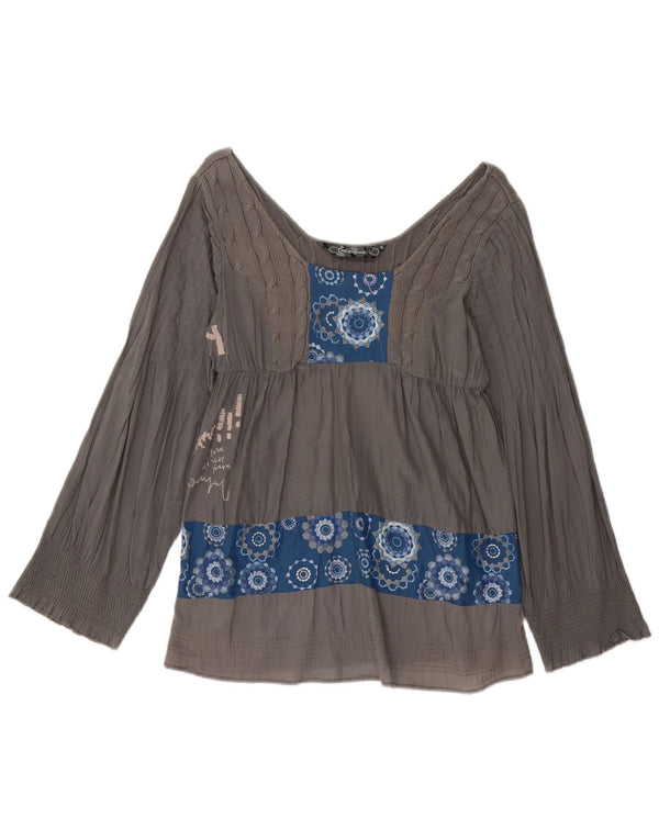 Desigual Blusa gráfica de manga larga para mujer Top UK 46 Grande Gris Geométrico