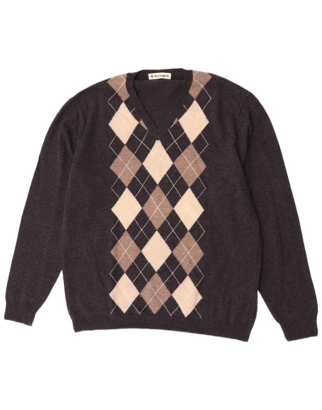 Burlington Jersey con cuello en V para hombre IT 52 Large Grey Argyle/Diamond
