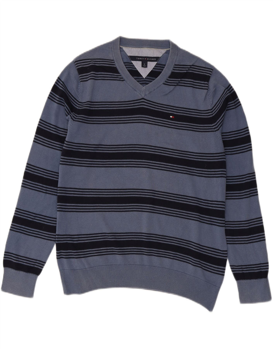 TOMMY HILFIGER Jersey con cuello en V para hombre de algodón a rayas azul medio