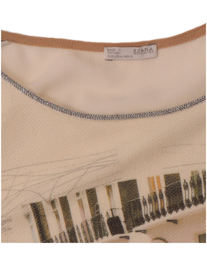Zara Mujer Top Gráfico Manga Larga UK 46 Grande Blanco Colorblock