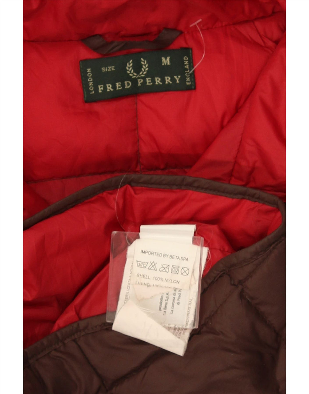 Fred Perry Chaqueta acolchada con capucha para hombre UK 38 Medium Brown Nylon