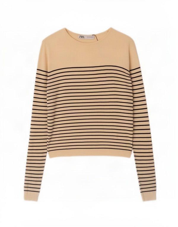 Zara Mujer Cuello Barco Jersey Jersey UK 10 Small Beige Rayas Viscosa