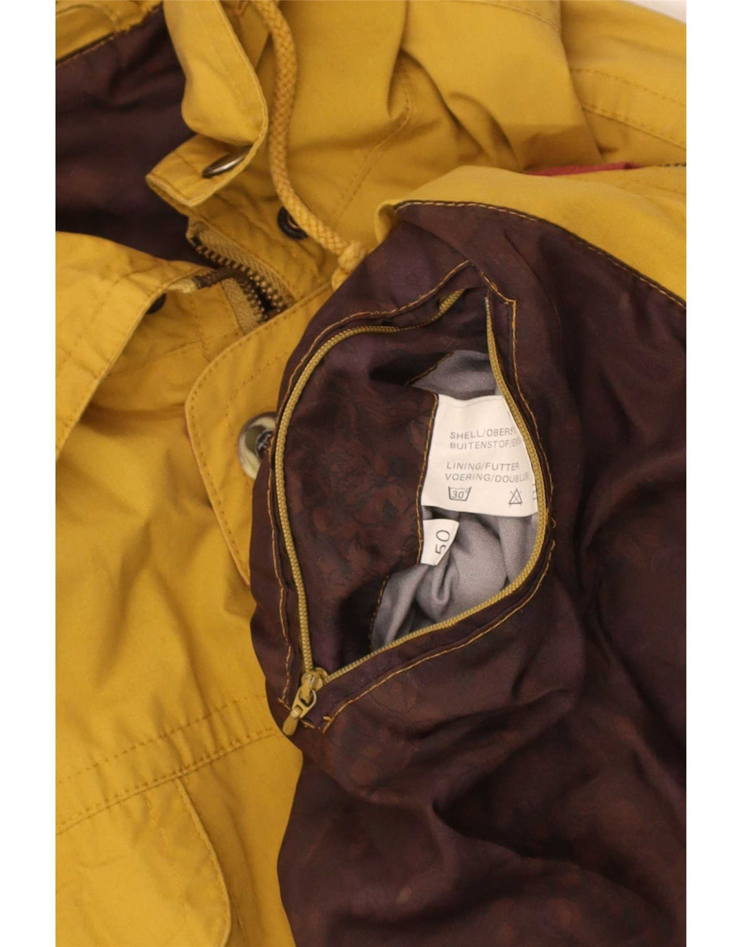 Vintage hombres con capucha chaqueta utilitaria IT 50 poliéster amarillo grande