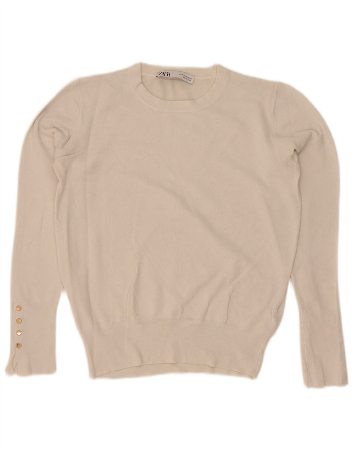 Zara - Jersey de cuello redondo para mujer, talla 40, viscosa blanca mediana