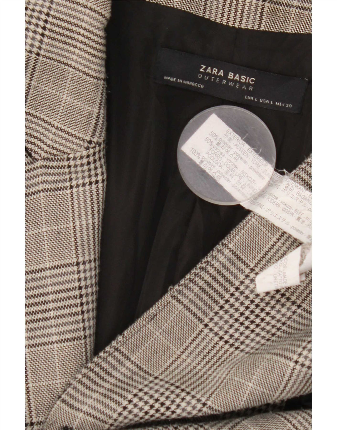Zara Mujer Abrigo Cruzado UK 46 Poliéster A Cuadros Gris Grande