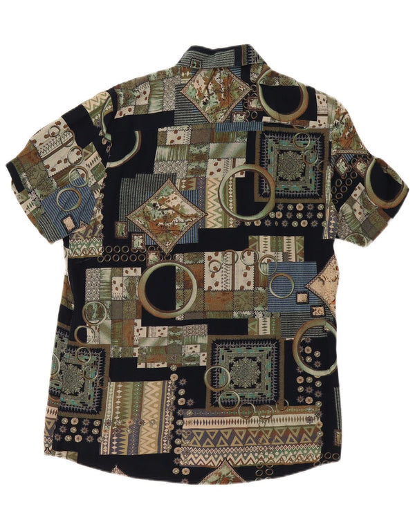 VINTAGE Camisa de manga corta para hombre Viscosa patchwork negra mediana