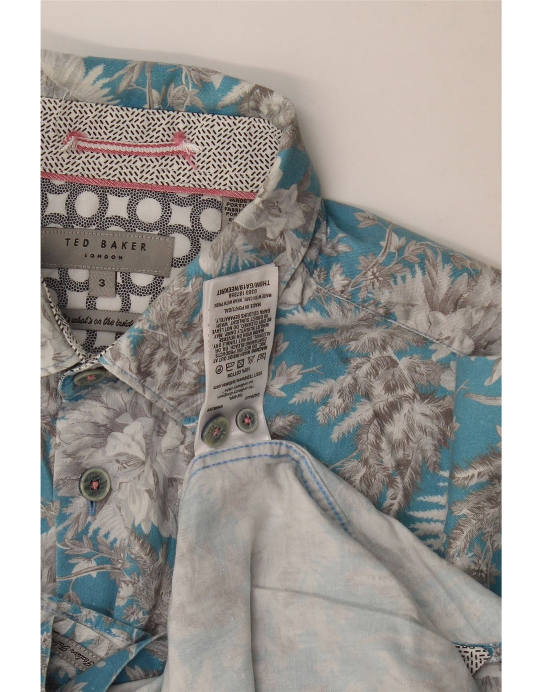 Ted Baker Camisa de manga corta para hombre Talla 3 Algodón floral azul medio