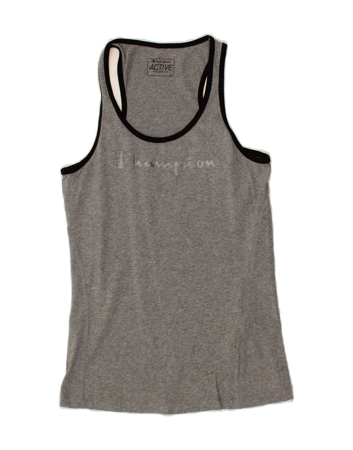 CHAMPION Womens Graphic Vest Top UK 14 Large Grey Cotton Vintage Champion and Second-Hand Champion from Messina Hembry 