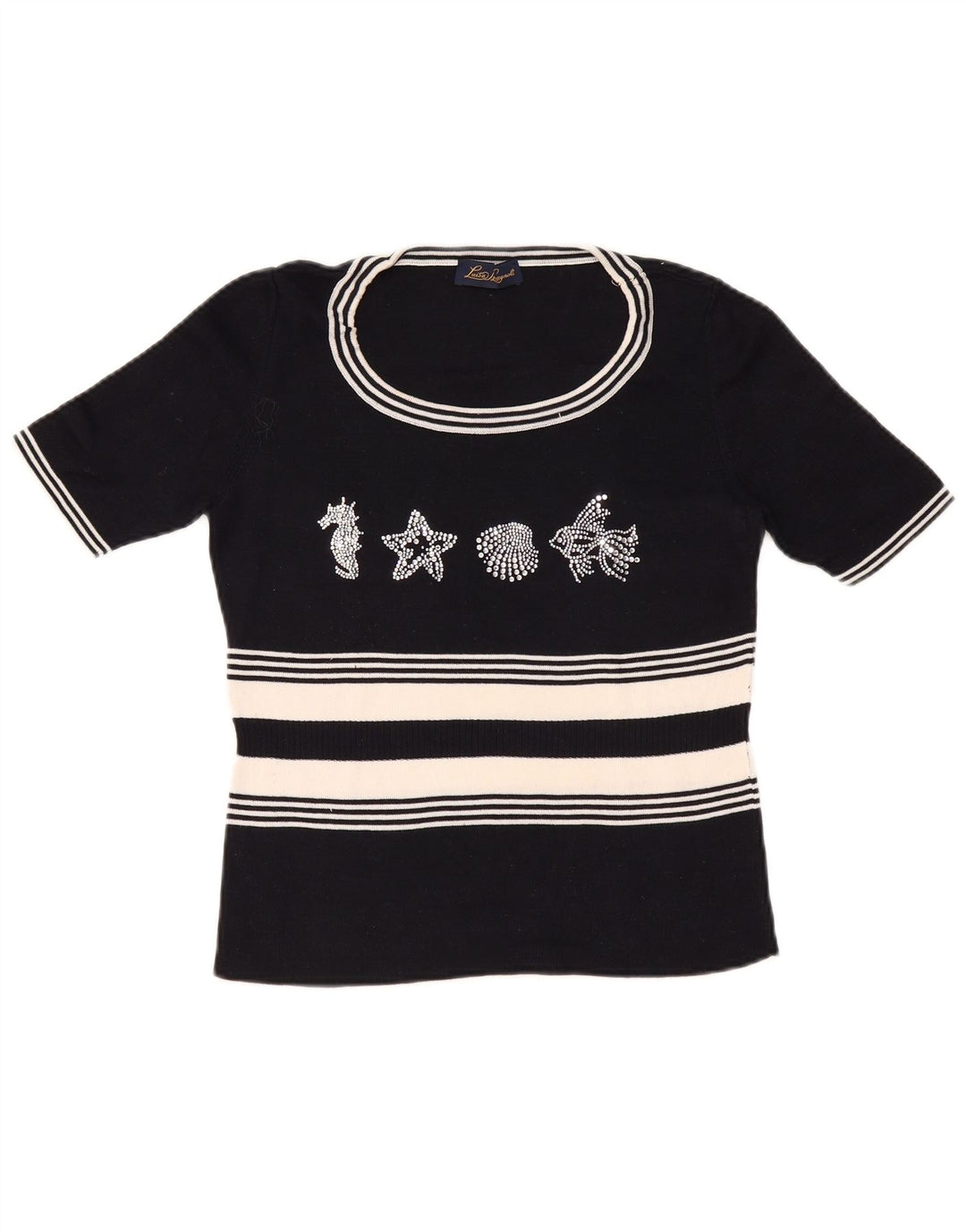 LUISA SPAGNOLI Suéter gráfico con cuello barco para mujer UK 40 Grande Negro