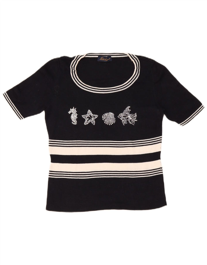 LUISA SPAGNOLI Suéter gráfico con cuello barco para mujer UK 40 Grande Negro