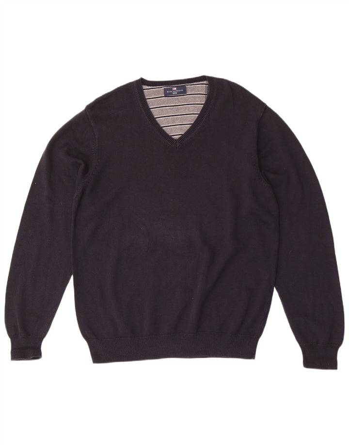 Marks & Spencer Suéter tipo jersey con cuello en V azul Harbor para hombre, talla grande, azul marino