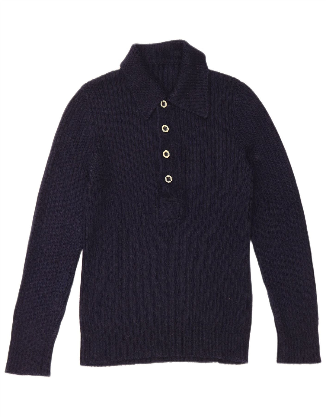Vintage hombres polo cuello jersey suéter pequeño azul marino
