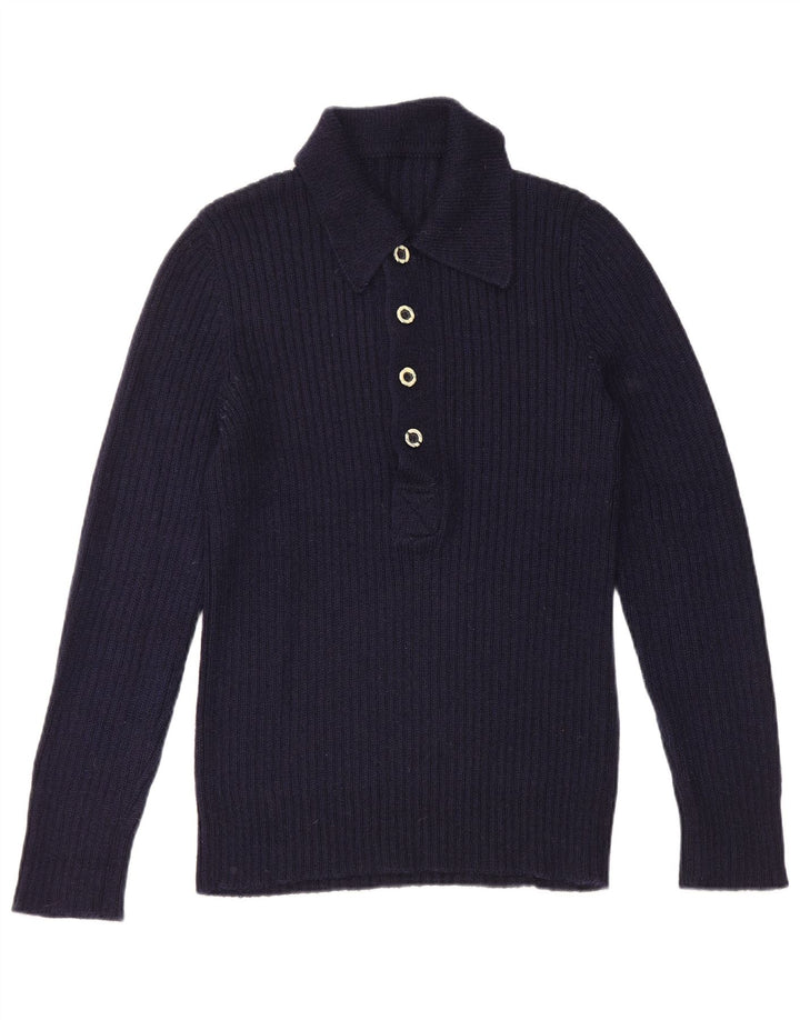 Vintage hombres polo cuello jersey suéter pequeño azul marino