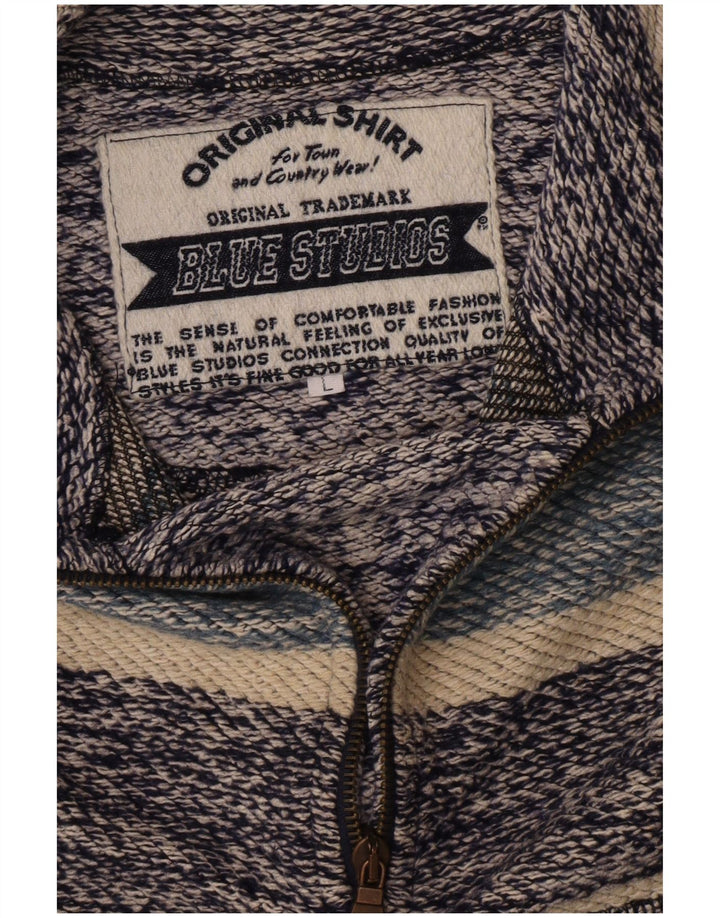 Vintage hombres 1/4 cremallera sudadera jumper medio azul rayas retro