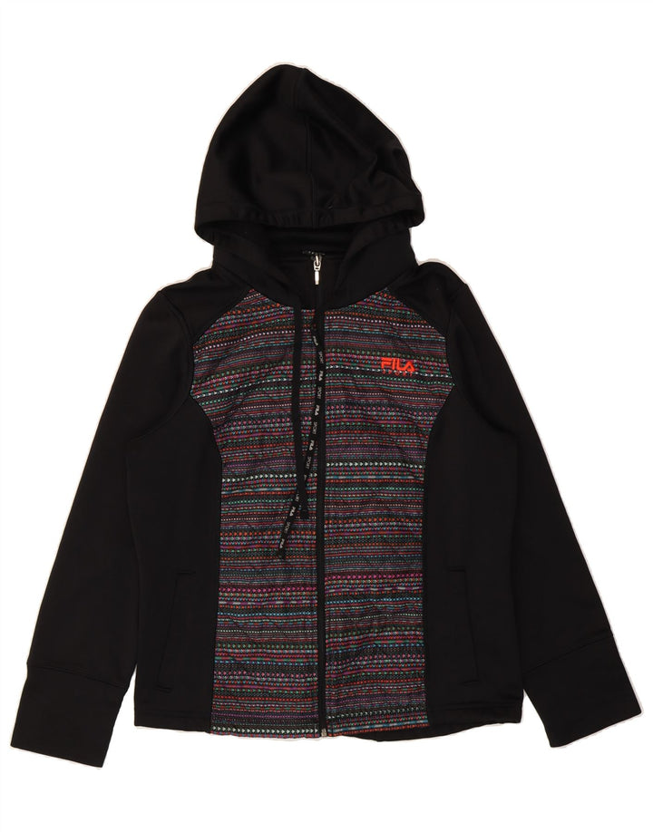 FILA Womens Zip Hoodie Sweater UK 16 Large Black Striped Polyester Vintage Fila and Second-Hand Fila from Messina Hembry 
