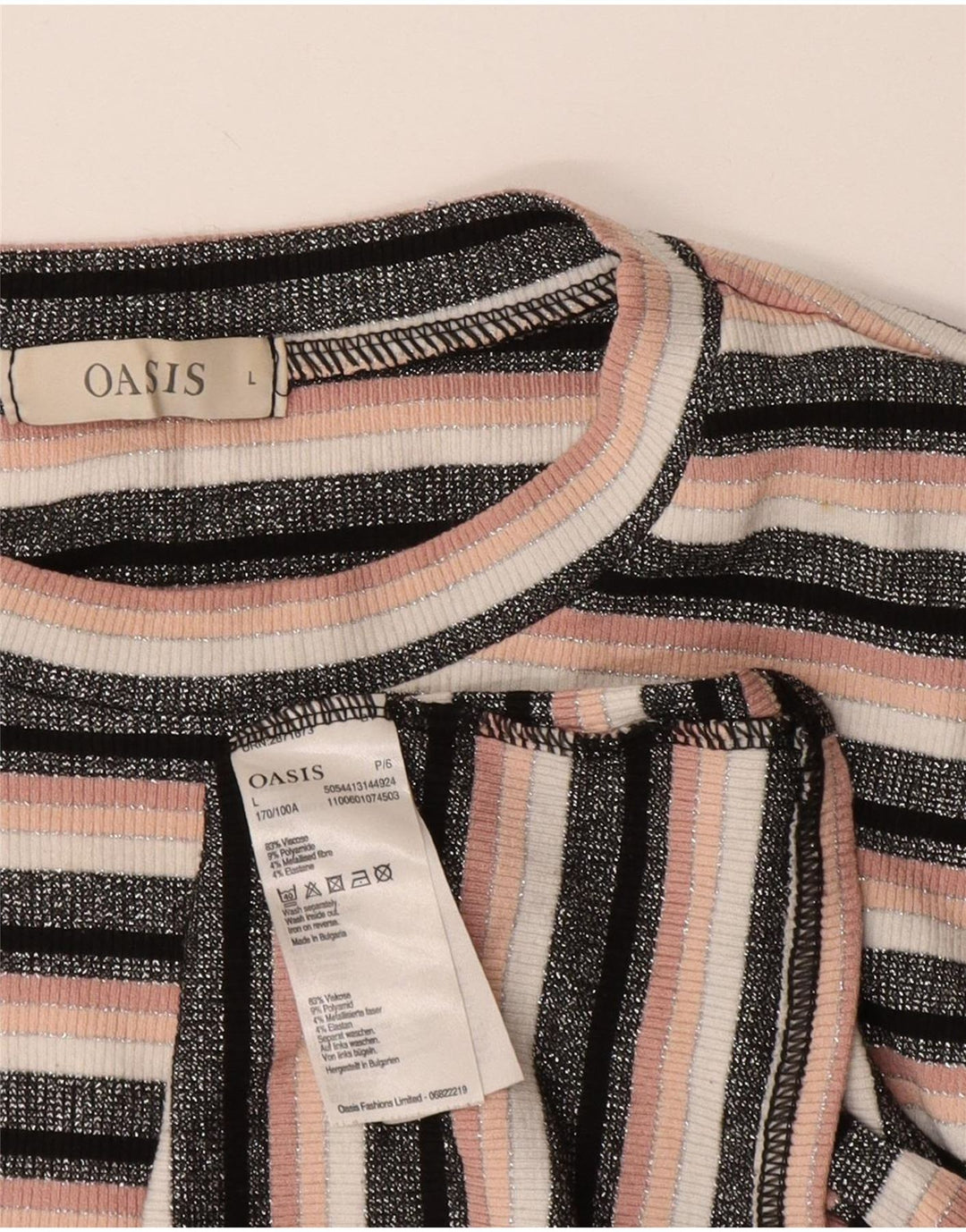 OASIS Camiseta corta para mujer UK 44 Grande Viscosa a rayas negras