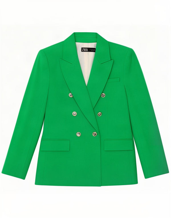 Zara Mujer Chaqueta Blazer De Doble Botonadura UK 10 Small Poliéster Verde