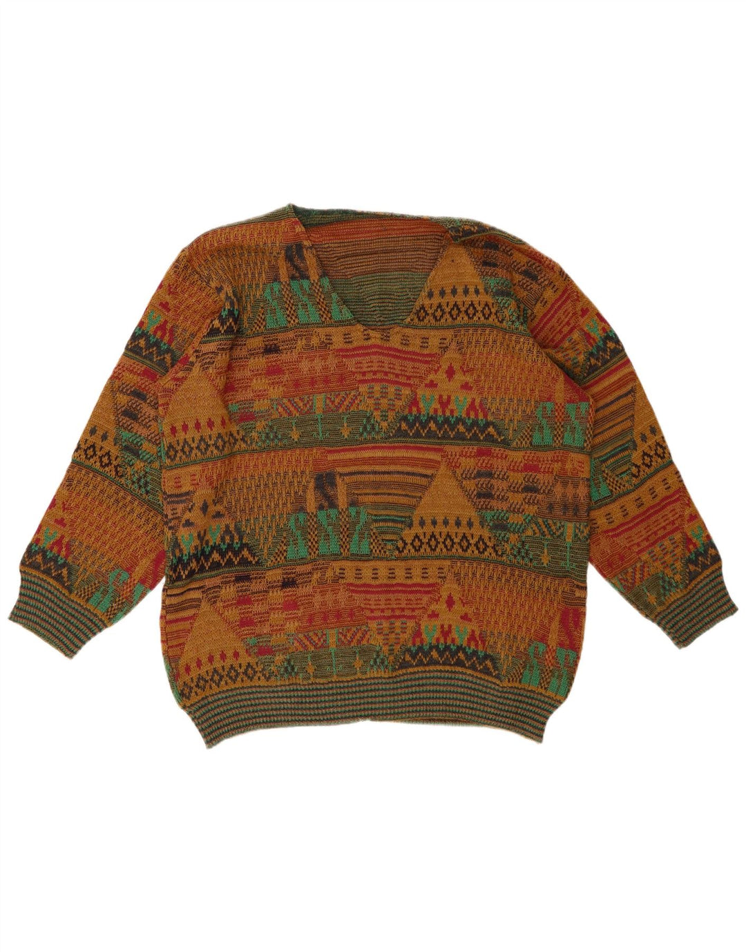 VINTAGE Hombre V-Cuello Jumper Suéter Medio Multicolor Lana Geométrica