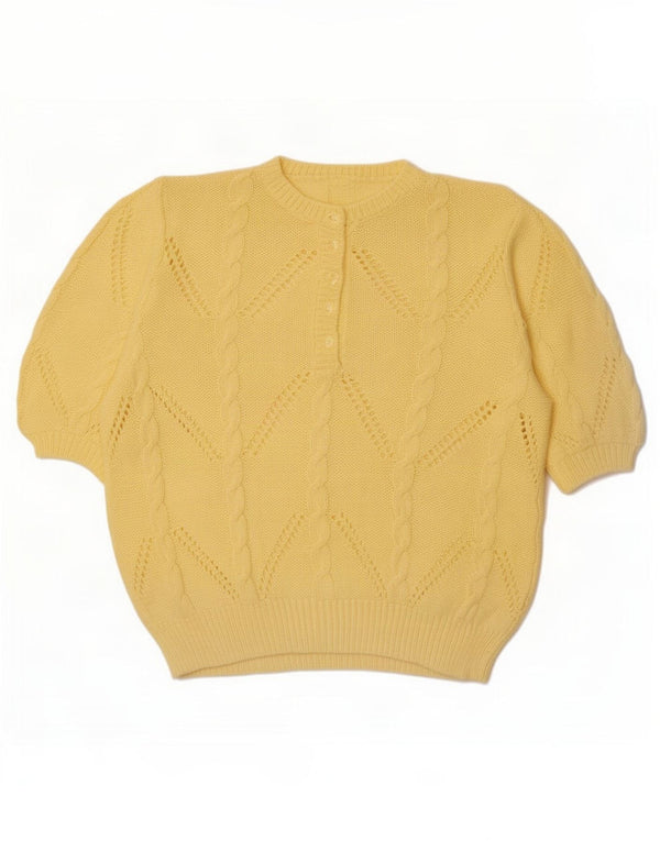 Vintage mujer manga corta botón cuello jersey suéter Reino Unido 18 XL amarillo
