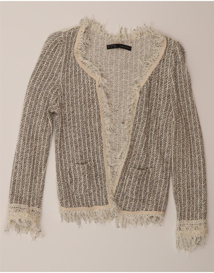 Zara Mujer Cárdigan Abierto Suéter UK 42 Gris Medio Rayas