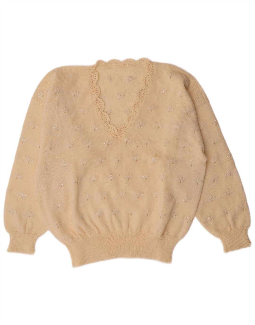 VINTAGE Mujer V-Cuello Jumper Suéter Reino Unido 14 Medio Off Blanco Floral