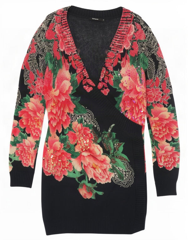 Desigual Jersey largo con cuello en V para mujer UK 12 Medium Black Floral
