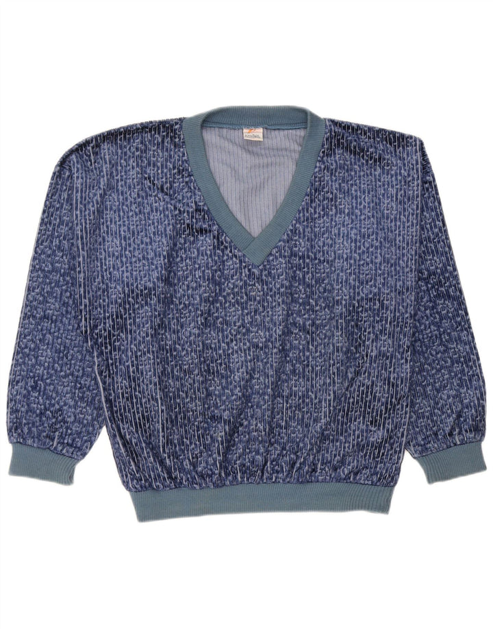 Vintage hombres Velour sudadera Jumper medio azul Pinstripe poliéster