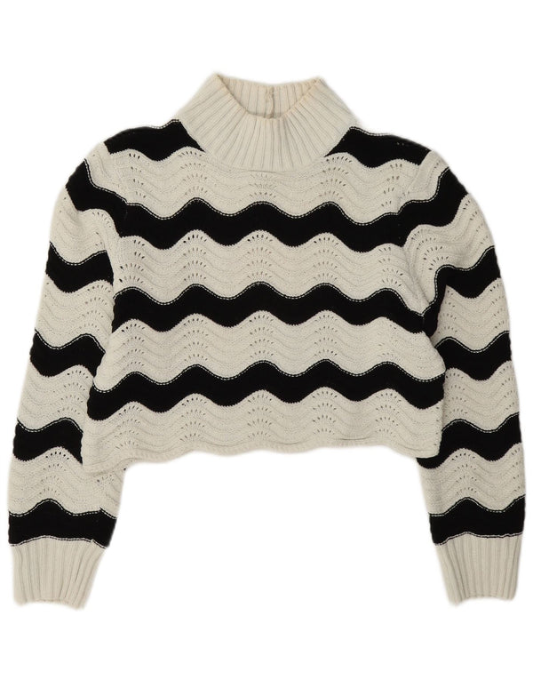 Zara Mujer Crop Turtle Neck Jumper Sweater UK 10 Small Blanco Rayas